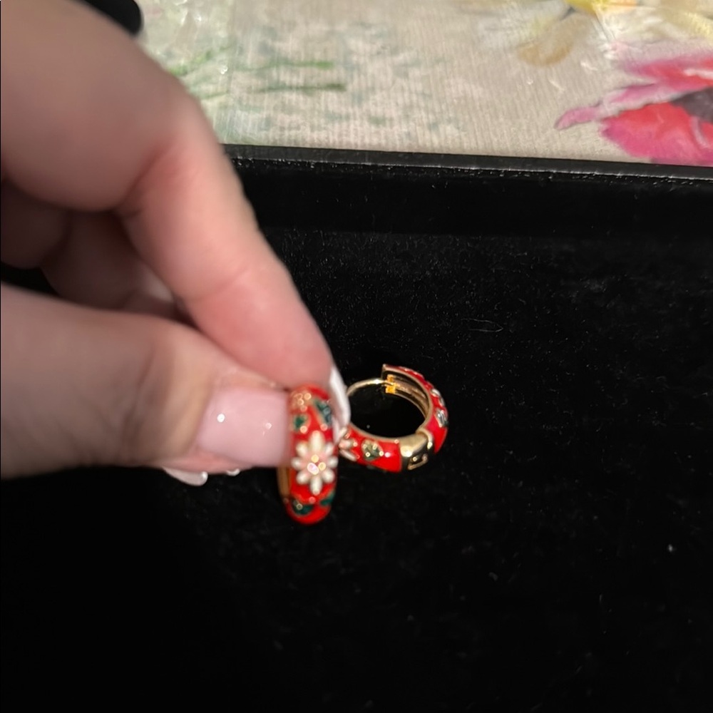 Floral Red and Gold Hoop Earrings